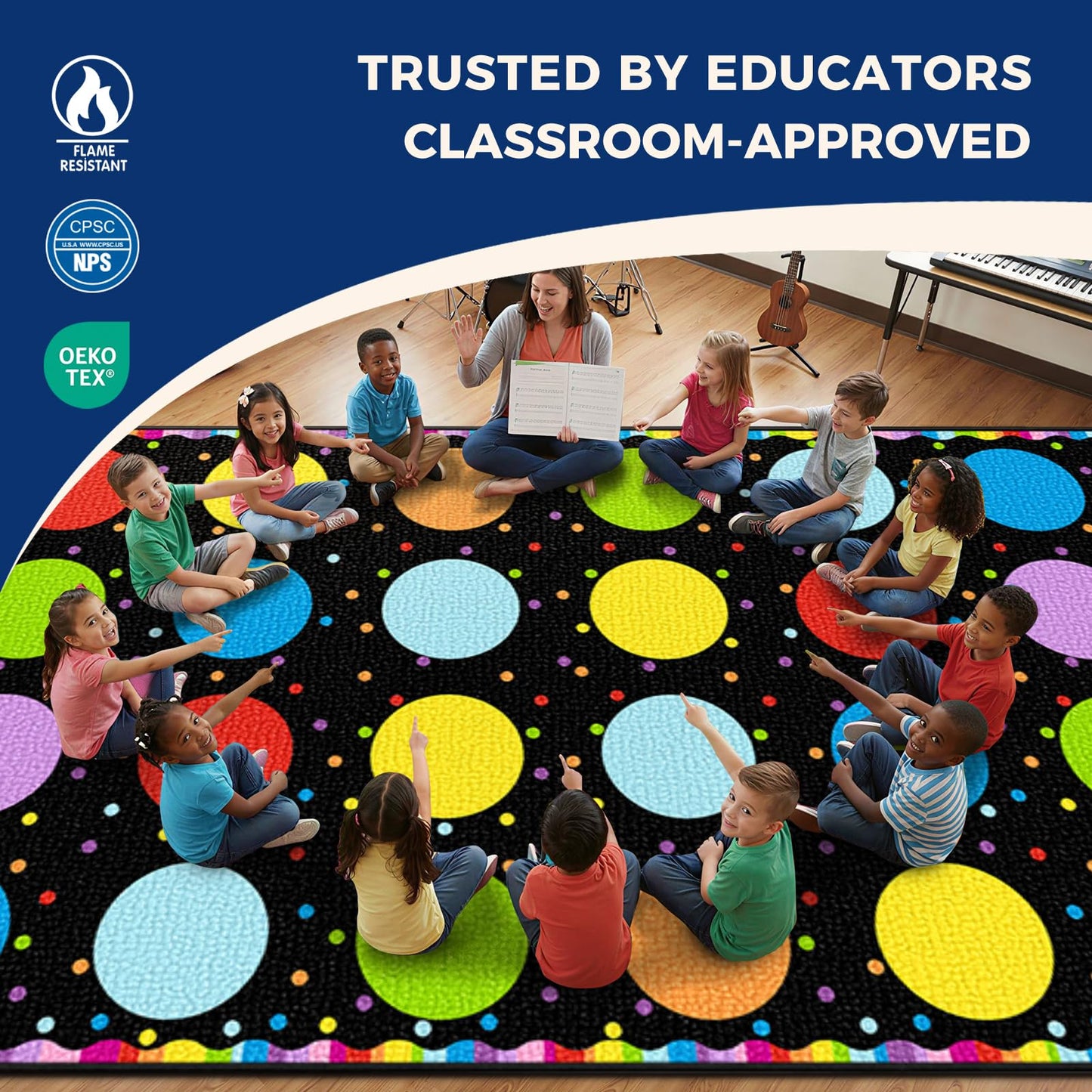 Boooooom Jackson Classroom Rug - 7'6''x13'12'' Rainbow Seating Dots Preschool Classroom Carpet, Non-Slip & No-Trip Edges, Vibrant Colors for Kids Playroom Floor Mat