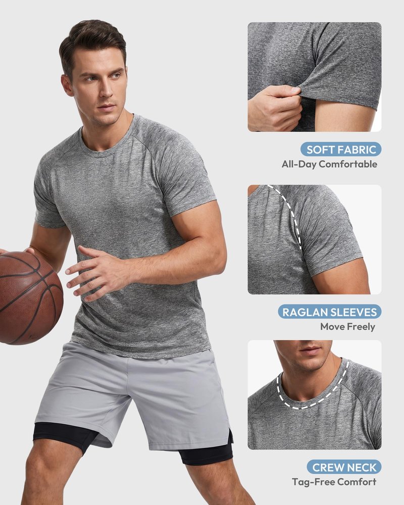MCPORO Workout Shirts for Men Short Sleeve Quick Dry Athletic Gym Active T Shirt Moisture Wicking 3 Pack Dark Grey, Army Green, Wine Red Medium