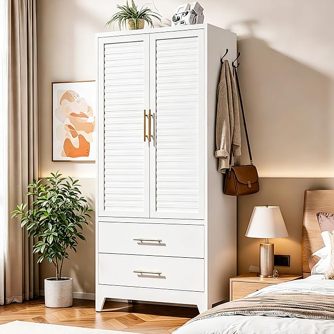 Metal Armoire Wardrobe Closet, 71" Clothing Storage Cabinets with Adjustable Hanging Rod and Shelves , Louvered Doors, 2 Side Hooks & 2 Drawers - Closet Cabinet for Bedroom, Laundry Room, Cloak Room