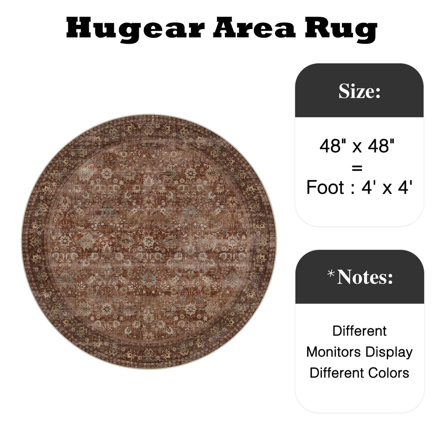 HUGEAR Round Rug 4ft Entryway Rugs Machine Washable Brick Red Hallway Area Rug 4x4 Small Circle Accent Rug Floral Low Pile Carpet Soft Throw Rug Living Room Office Laundry Room Entrance Non Slip