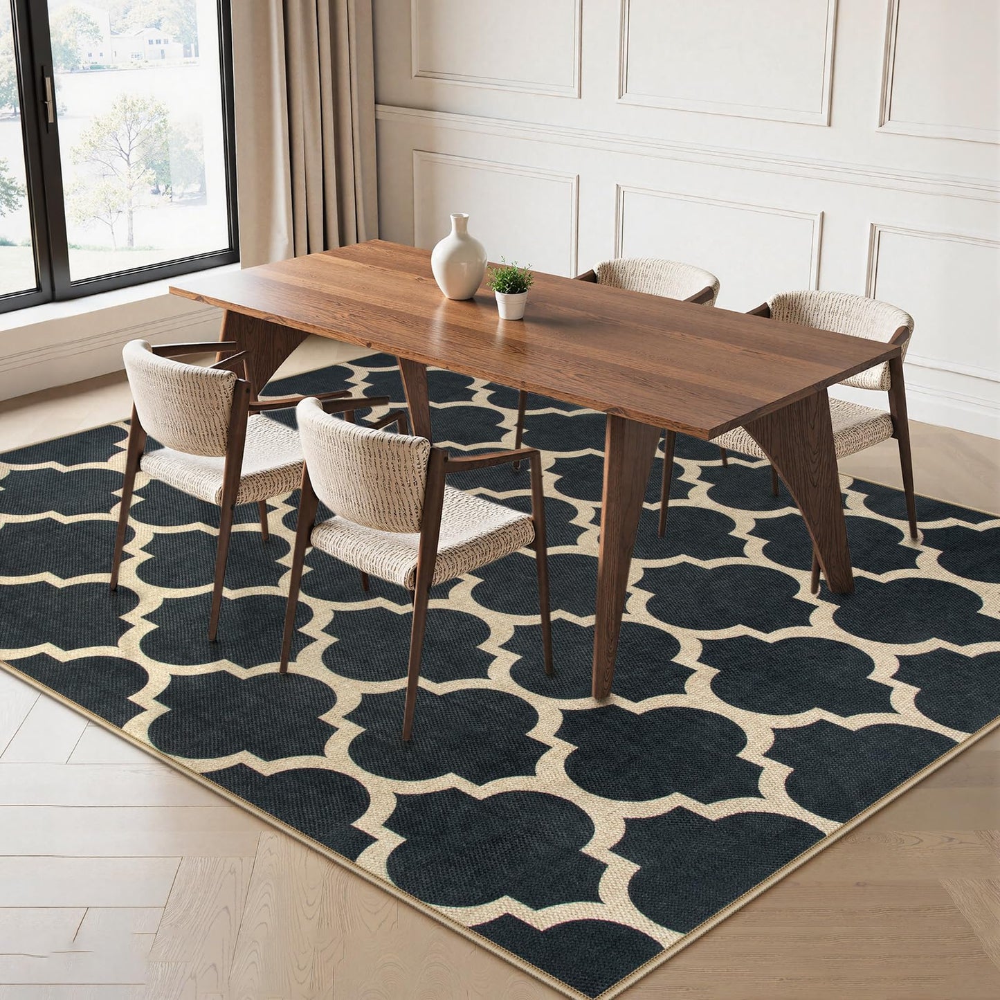 Lahome Moroccan Outdoor Rug 5x7, Easy Jute Black Washable Rugs for Patio Living Room, Geometric Trellis Woven Area Rug Non Slip for Backyard, Thin Non Shedding Farmhouse Carpet for Bedroom