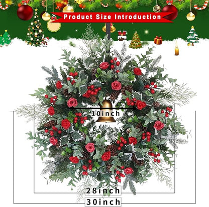 30inch Christmas Wreath, Artificial Winter Wreaths for Front Door with Bell Pinecone Berries for Outdoor Indoor Wall Tree Table Farmhouse Holiday Wedding Birthday Party Decorations