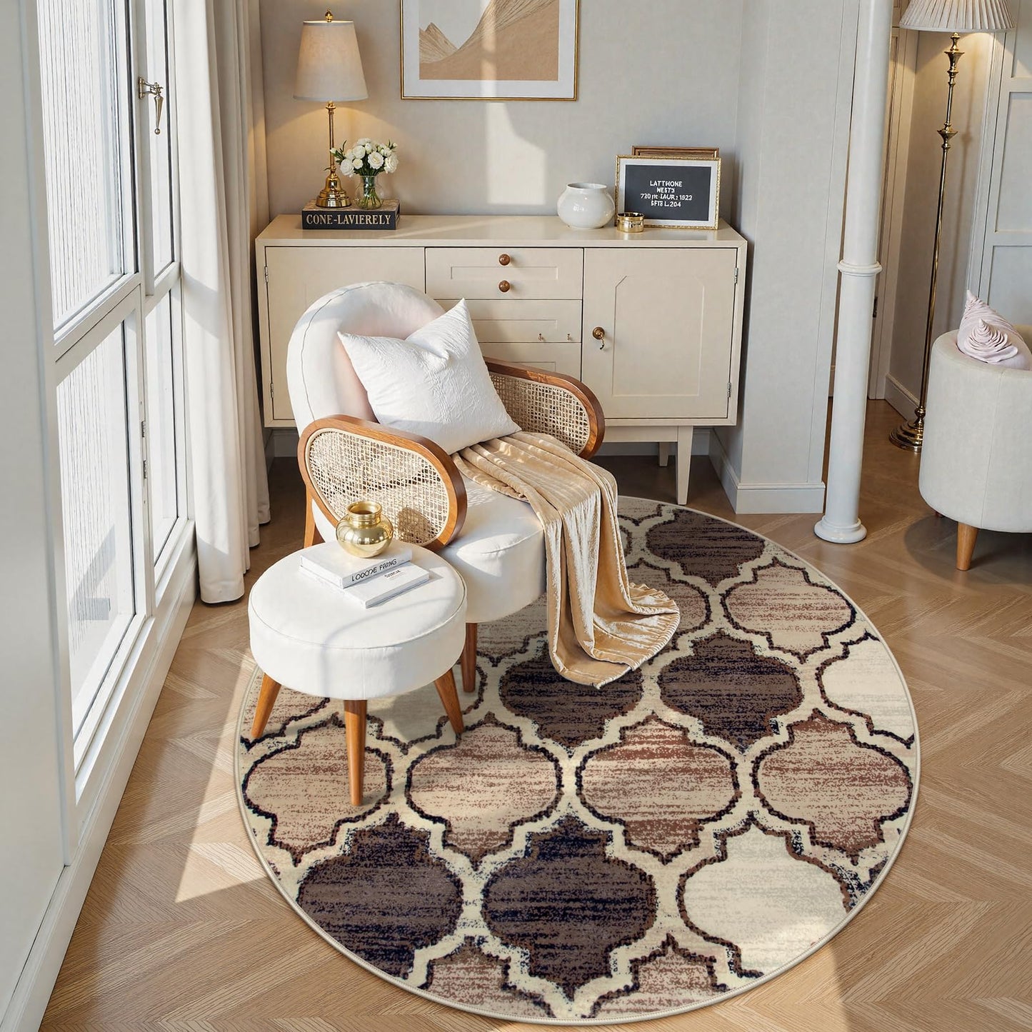 Lahome Moroccan Round Rugs - 4x4 Washable Non-Slip Small Round Area Rug Throw Soft Circle Rugs for Bedroom, Modern Print Indoor Round Carpet for Entryway Sofa Kitchen Living Room (Coffee, 4Ft-Round)