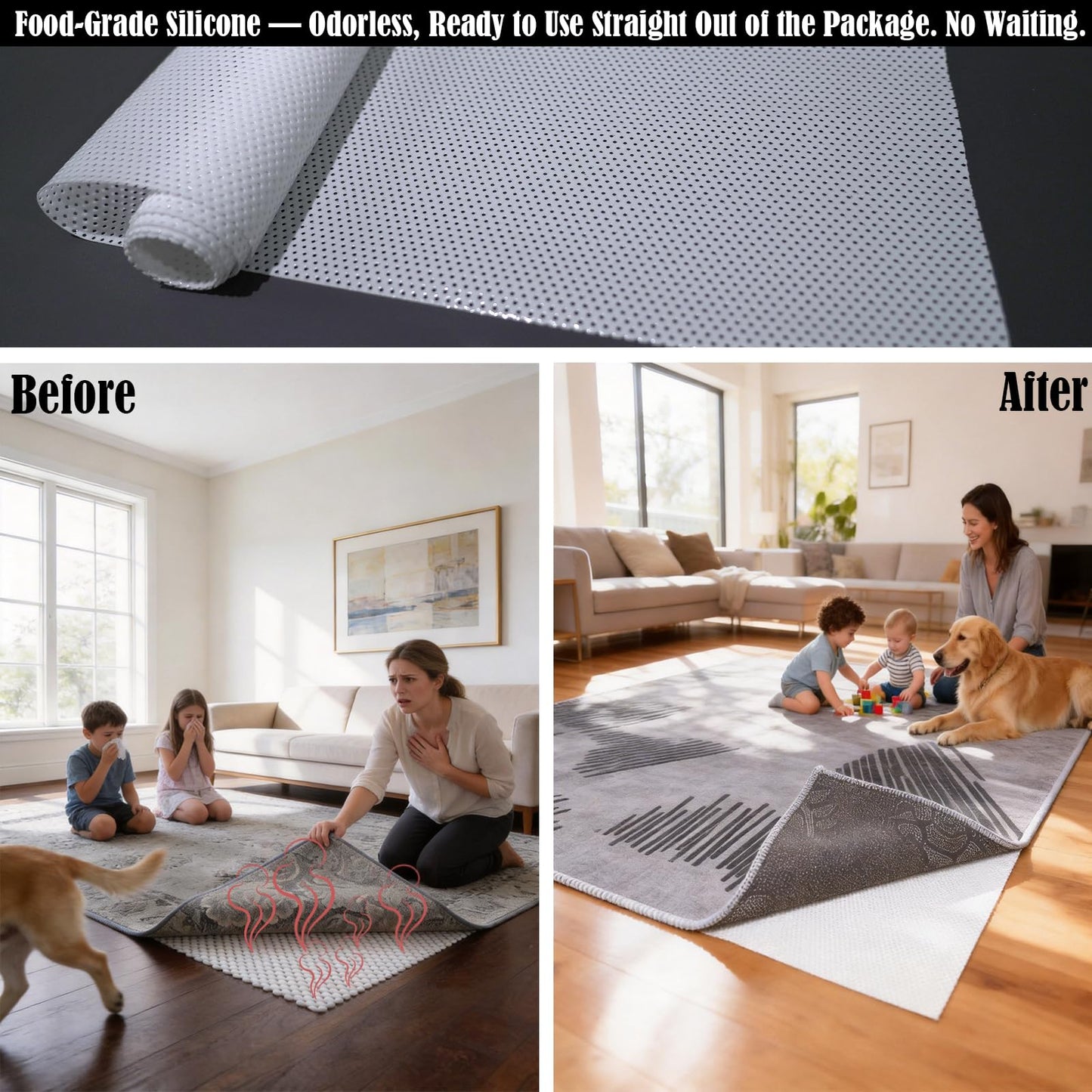 Mayhawk Non-Slip Rug Gripper Pad: Vacuum Tech for Stronger Grip, Adhesive and Residue-Free Silicone, Safe for Hardwood Tile & LVP, BPA-Free, Machine Washable, Odorless Tear-Resistant, 2x3 Ft Thin