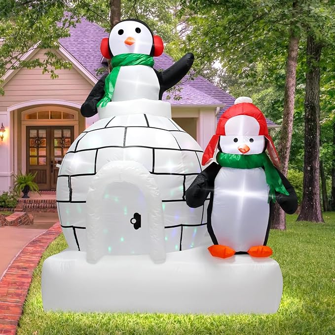 Christmas Inflatable Ice House Penguin 7 Feet Outdoor Decoration Featuring Two Adorable Penguins Ideal for Holiday Display with Built in LED Lights Perfect for Lawn Garden Entryway Christmas Party