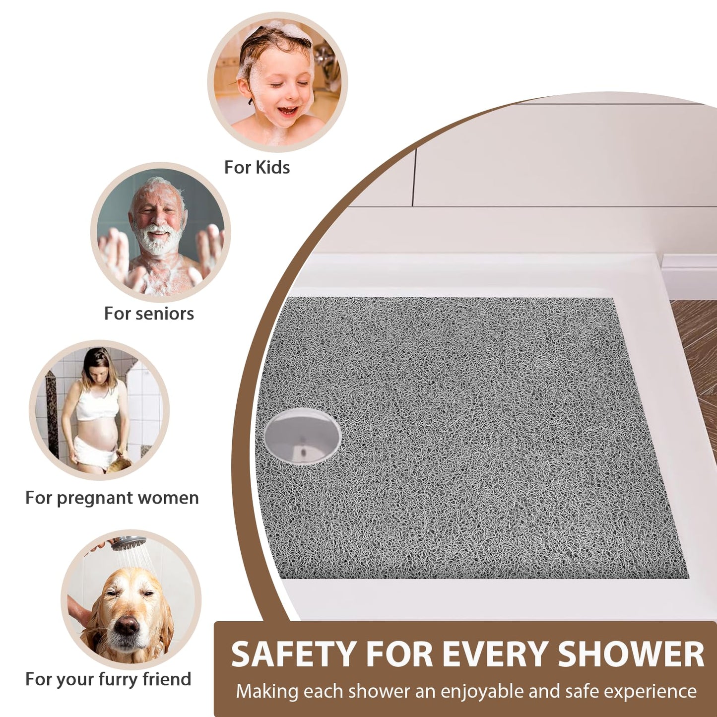 Extra Large Non Slip Shower Mat: 39.4x27.5 inch Loofah Shower Mat for Inside Shower with Drain Hole in Middle, Soft PVC Anti-Slip Shower Stall Mats for Bathroom,Wet Area, Quick Drying