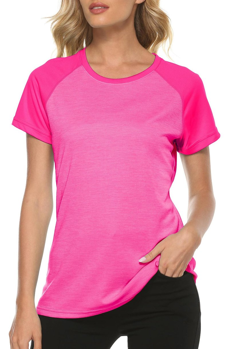 MoFiz Lady's Short Sleeve Sports Top Shirts UPF 50+ Sun Protection Lightweight Athletic Gym Workout T-Shirts for Women Rose Red L