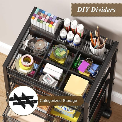 Rolling File Cart with 4 Storage Drawers, Under Desk Organizer with DIY Divider, Moblie Filing Cabinet on Wheels, Fits A4/Letter Size, Metal Utility Cart for Home Office, Black