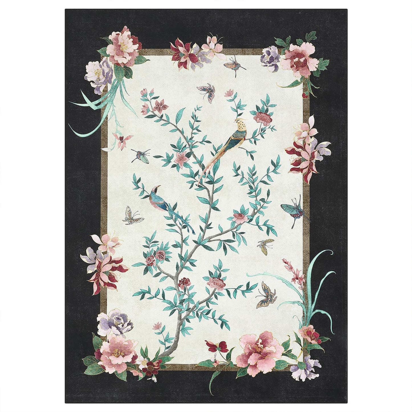 GarveeHome 5x7 Area Rugs Chinoiserie-Style Washable Rugs 5x7 Oriental Colorful Butterfly Birds Floral Rug Non Slip Low Pile for Kids Living Room Bedroom Nursery Dining, Black