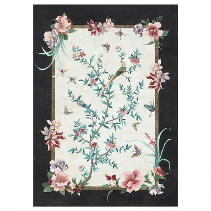 GarveeHome 5x7 Area Rugs Chinoiserie-Style Washable Rugs 5x7 Oriental Colorful Butterfly Birds Floral Rug Non Slip Low Pile for Kids Living Room Bedroom Nursery Dining, Black