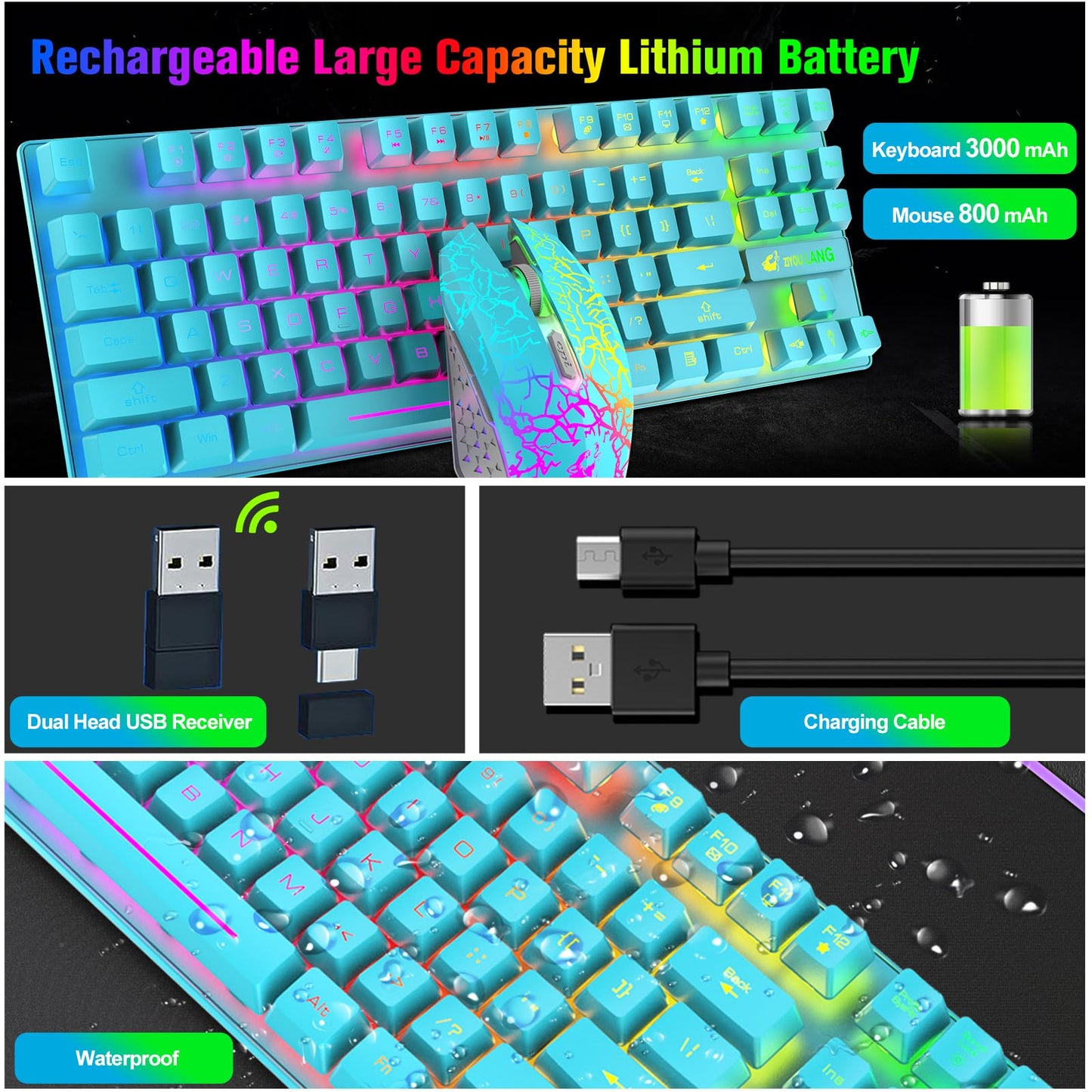 Wireless Gaming Keyboard and Mouse Combo with 87 Key Rainbow LED Backlight Rechargeable 3800mAh Battery Mechanical Feel Anti-ghosting Ergonomic Waterproof RGB Mute Mice for Computer PC Gamer (Blue)