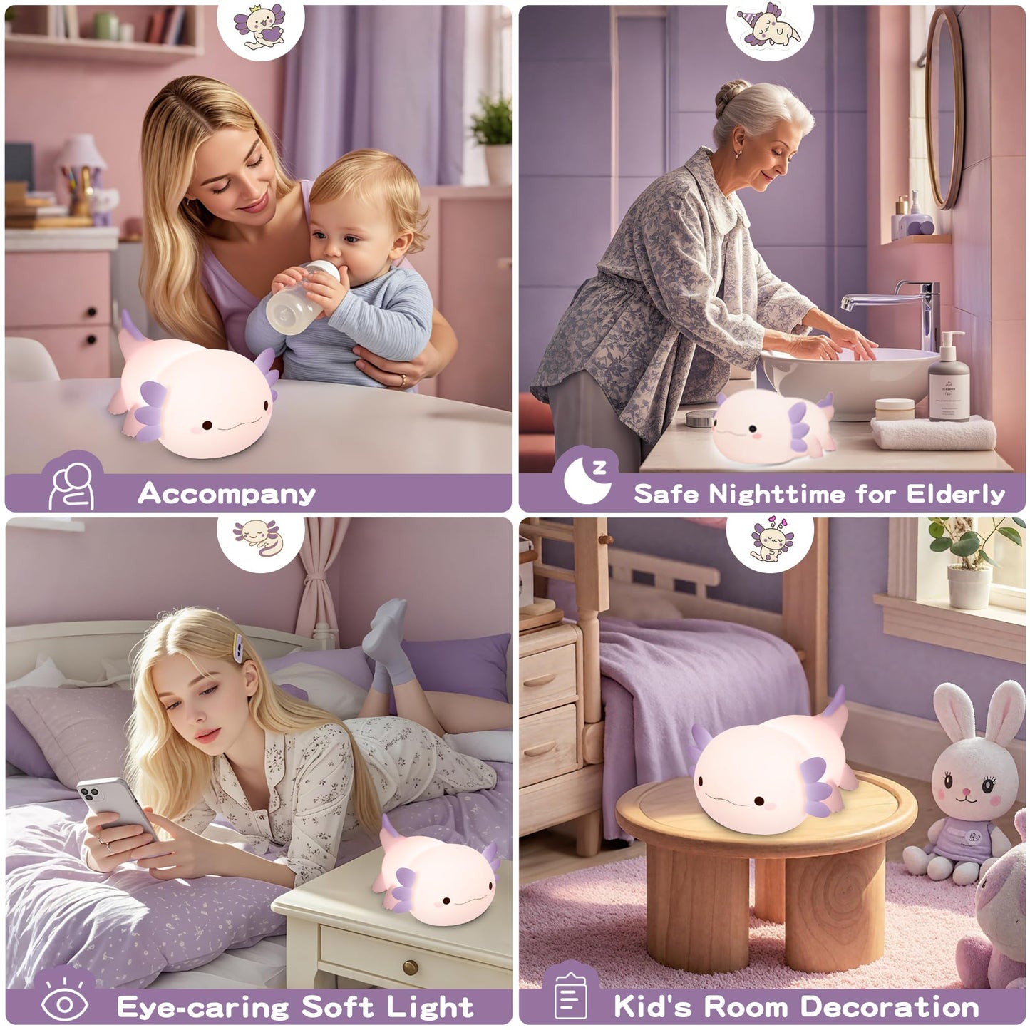 FAMIDUO Axolotl Night Light for Kids,Cute Purple Axolotl Lamp,LED Squishy Nursery Nightlight, Soft Silicone Novelty Animal Bedside Touch Lamp, Room Decor,Axolotl Gifts for Mom Girls Baby Toddler