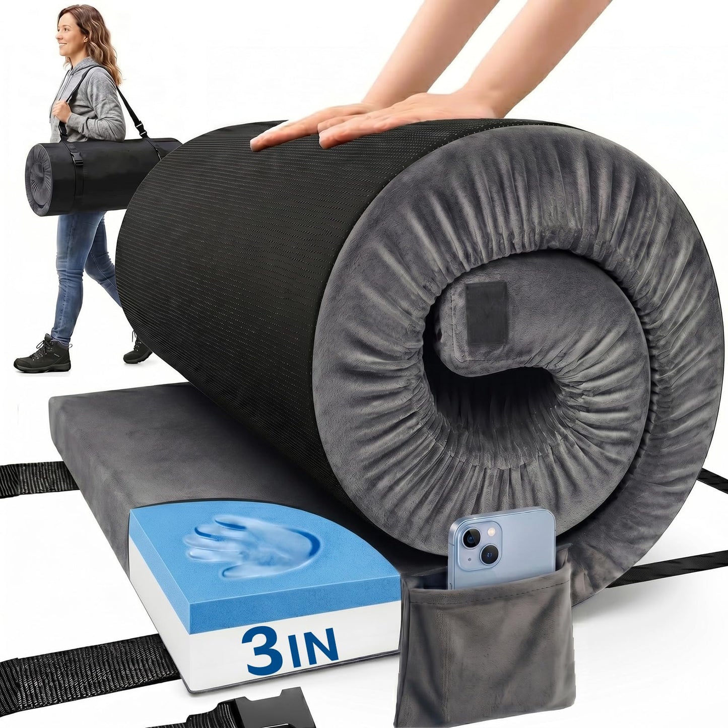 ORSEQFFG Camping Mattress Pad, 3 Inch Memory Foam Camping Mattress with Non-Slip Bottom & Washable Cover, Portable Roll Up Floor Camping Mat, Camping Sleeping Pad for Adults, Car Bed with Travel Bag