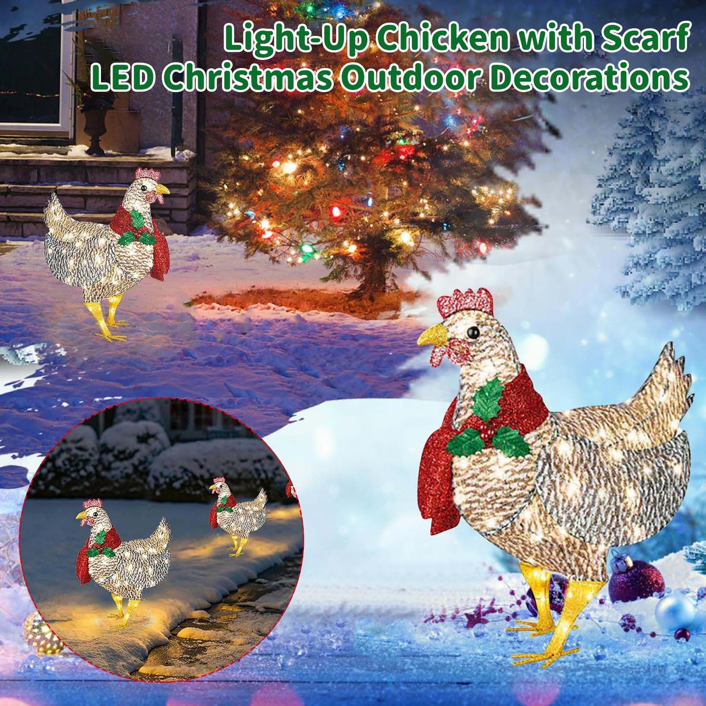 Plplaaoo Light Up Chicken Christmas Decoration with LED Lights – Light-Up Chicken Ornament with Scarf, Battery Operated Outdoor Lighted Chicken Decoration for Garden or Lawn(15.7x9.8in)