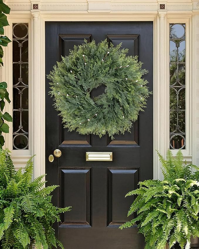 Home Decor Greenery Faux Cypress Plant, Large Front Door Wreath with 6PACK Artificial White Berry Fruit, 22inch Green Wild Wreath