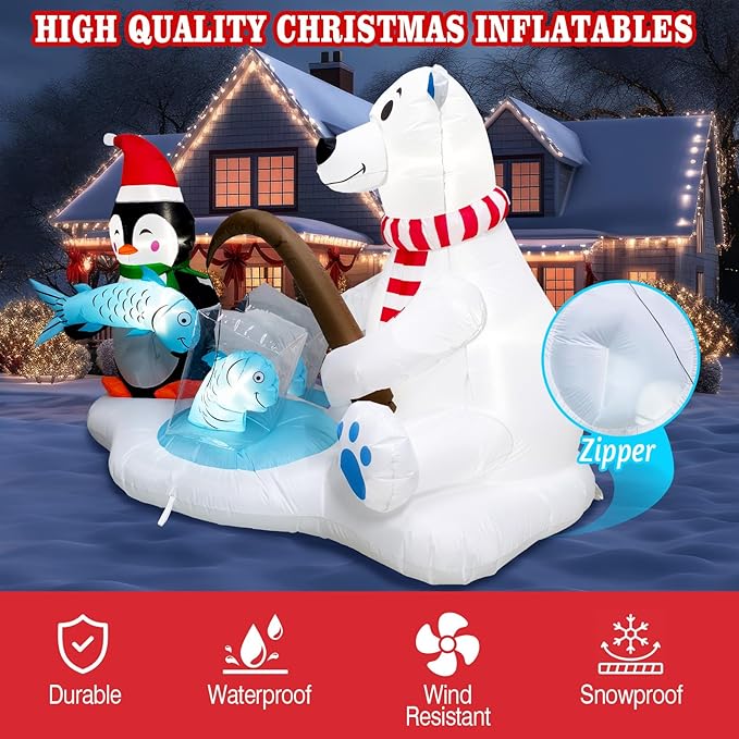 7.1FT Christmas Inflatable Polar Bear & Penguin Fishing Decoration, Christmas Blow Up Penguin Wear Scarf & Santa Hat and Polar Bear Inflatable Built-in 5 LED for Christmas Inflatables Outdoor