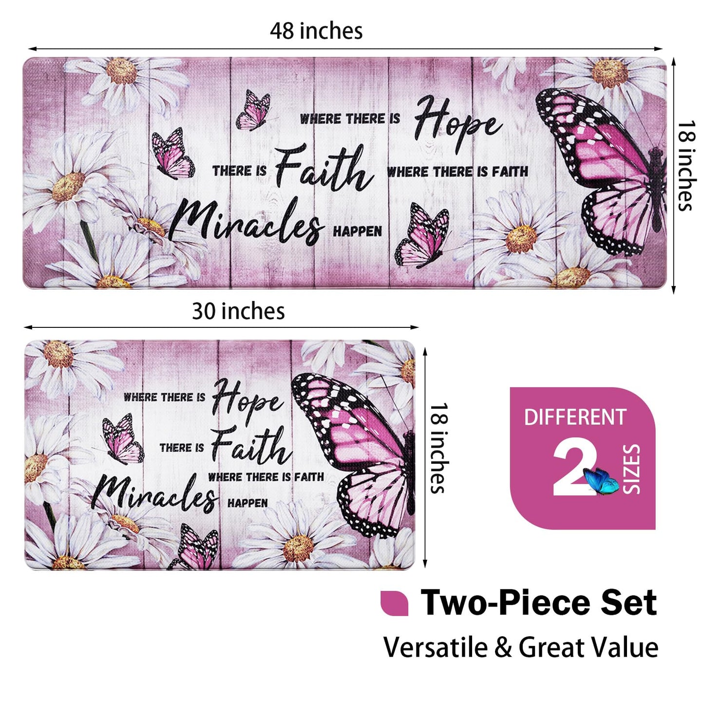 Likiyol Butterfly Kitchen Rugs Sets of 2 Kitchen Mats for Floor Farmhouse Anti Fatigue Mats for Kitchen Floor, Daisy Floral Kitchen Rugs Non Slip Washable Comfort Mat, 18'' x 30''+18'' x 48'', Pink