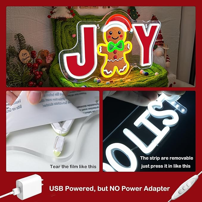 JOY Gingerbread Man Neon Sign – Christmas LED Wall Light with Santa Hat & Holiday Décor – Festive Neon Sign for Home, Parties, and Seasonal Decorations