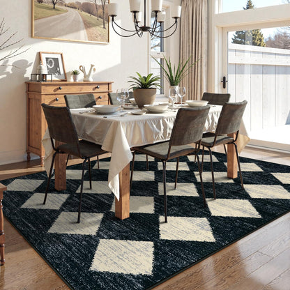 Lahome Zelie Checkered Washable 8 x 10 Area Rugs for Living Room, Black Bedroom Rug 8x10 Under Bed, Geometric Trellis Soft Ultra-Thin Indoor Carpet for Dining Room Dorm Kids Playroom (8'x10',Black)