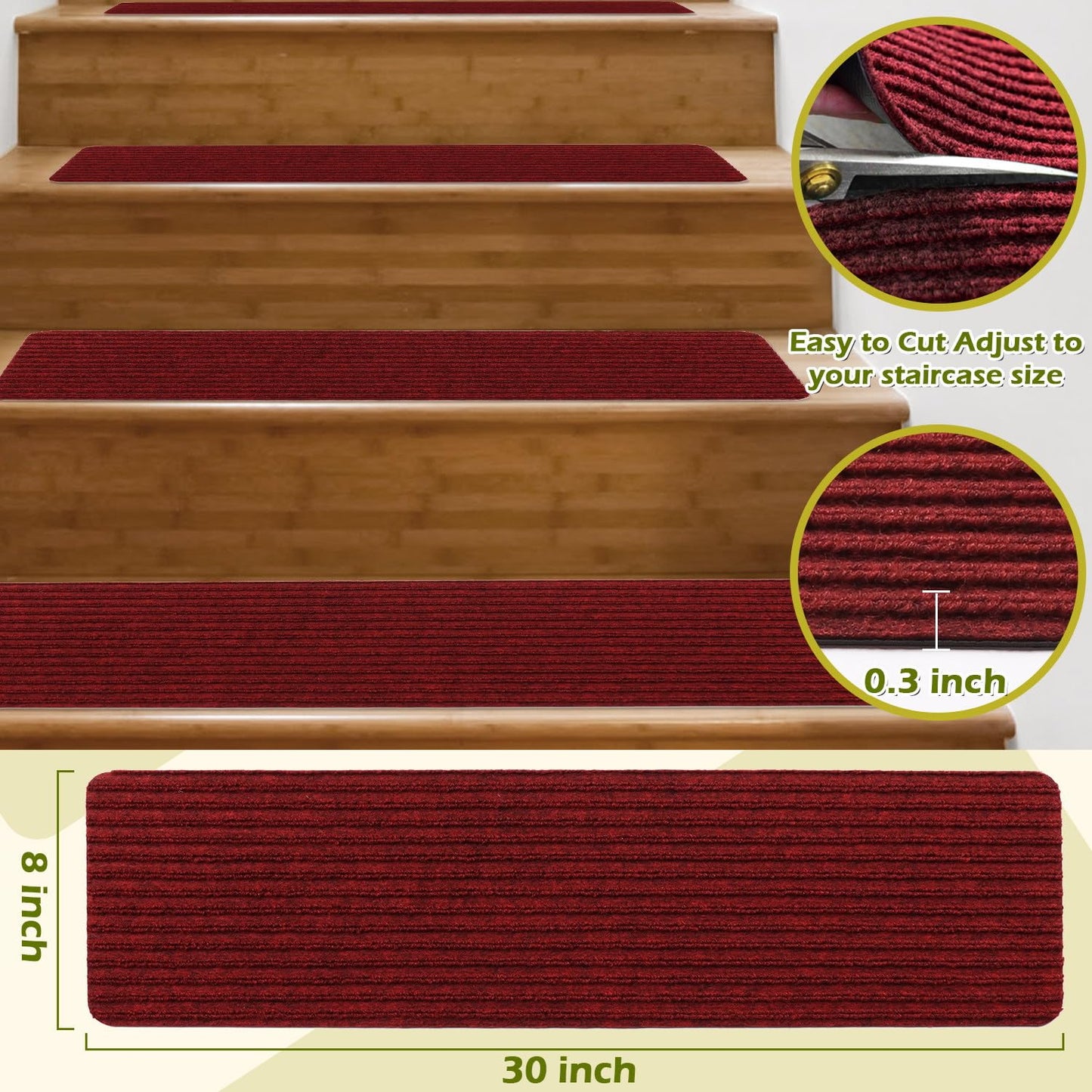 Antdle Carpet Stair Treads for Wooden Steps Non-Slip Indoor 16pcs 8x30inch Safety Rug Slip Resistant Indoor Runner for Kids Elders and Pets with Reusable Adhesive,Dark Red