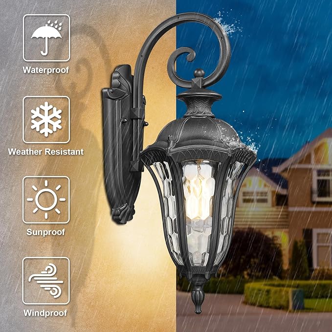 Outdoor Lights Fixtures Wall Mount, Outdoor Sconce Lighting Anti-Rust Exterior Porch Light Waterproof Aluminum Outside Lamp with Water Ripple Glass for Home Garden Patio Garage