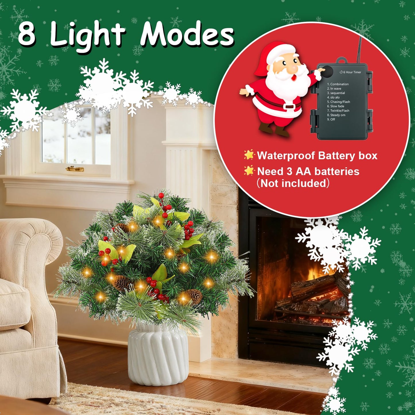 JOYHALO 2 Pack Set 18 Inch Christmas Urn Filler with 60 Warm White Lights, Battery Box with Timer, Xmas Pot Fillers with Branches Berries Pinecones, Outdoor Xmas Trees for Porch Pathway Yard Decor