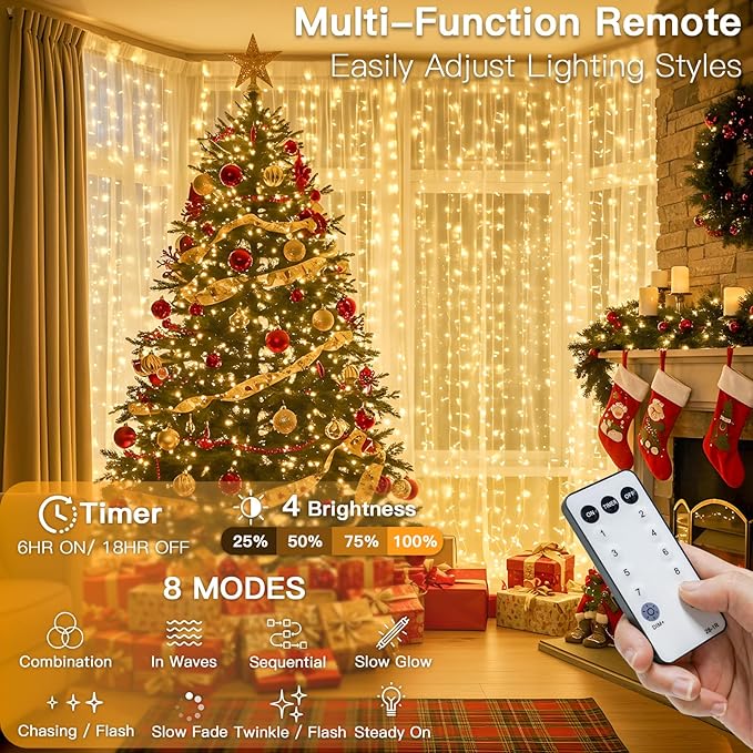 suddus 600 LED Christmas Curtain Lights Outdoor, 9.8x19.6ft Curtain Lights Plug in with Remote, Wall Hanging Lights for Christmas,Dorm,Wall,Window,Wedding,Party,Birthday Decor,Warm White