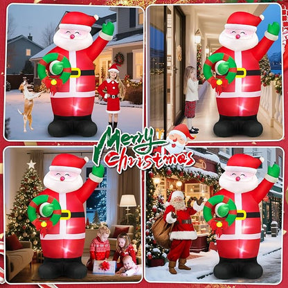 MICOCAH 8 FT Huge Christmas Inflatables Santa Claus Holding Garland Outdoor Decorations, Build in LEDs & Tethers Stakes Giant Inflatable Santa Blow Up Yard Décor for Holiday Xmas Indoor Patio Lawn