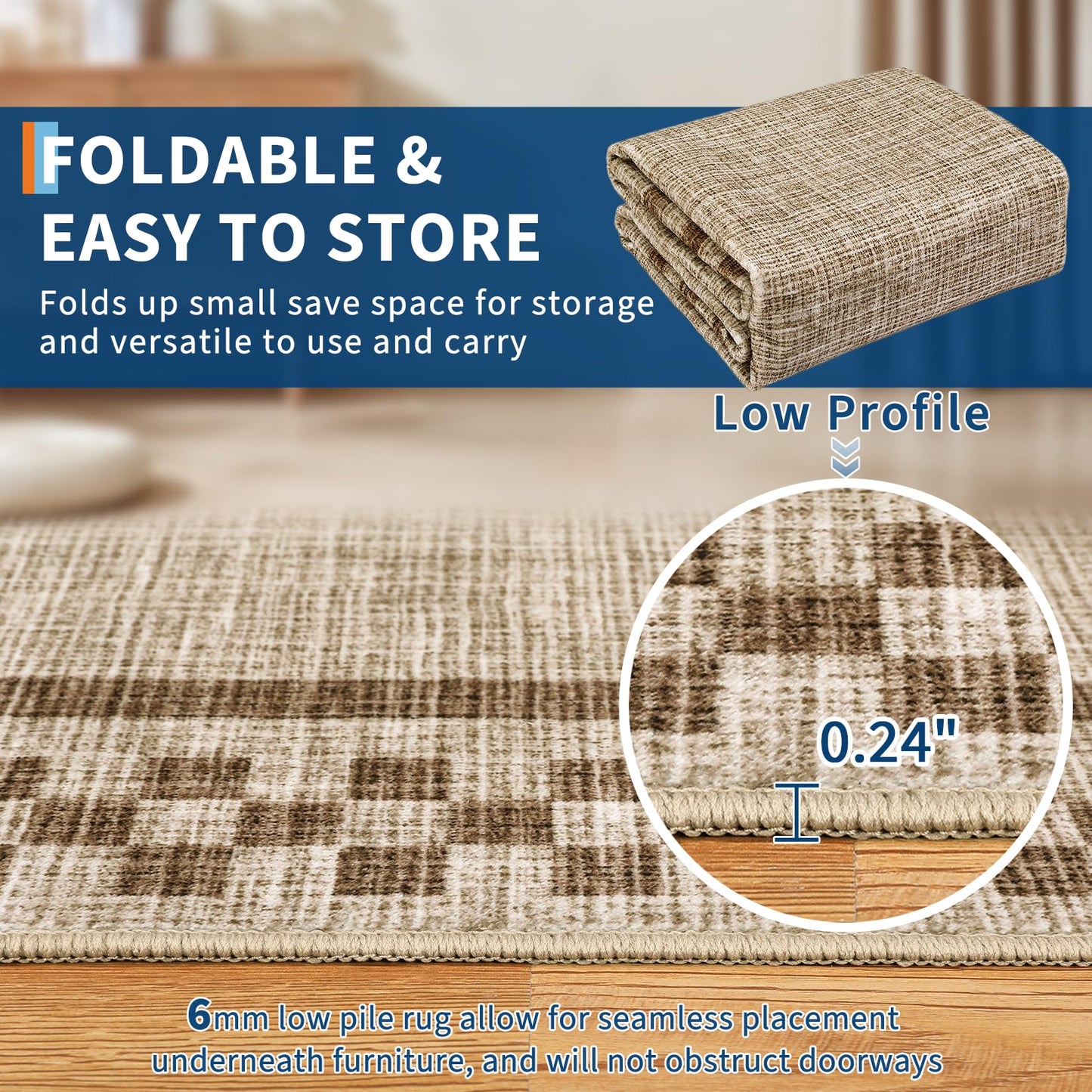 4ft Washable Round Rug for Entryway Modern Checkered Bedroom Circle Rug Non Slip Soft Dining Room Round Throw Carpet Small Stain Resistant Border Round Rugs for Living Room Kitchen Bathroom, Taupe