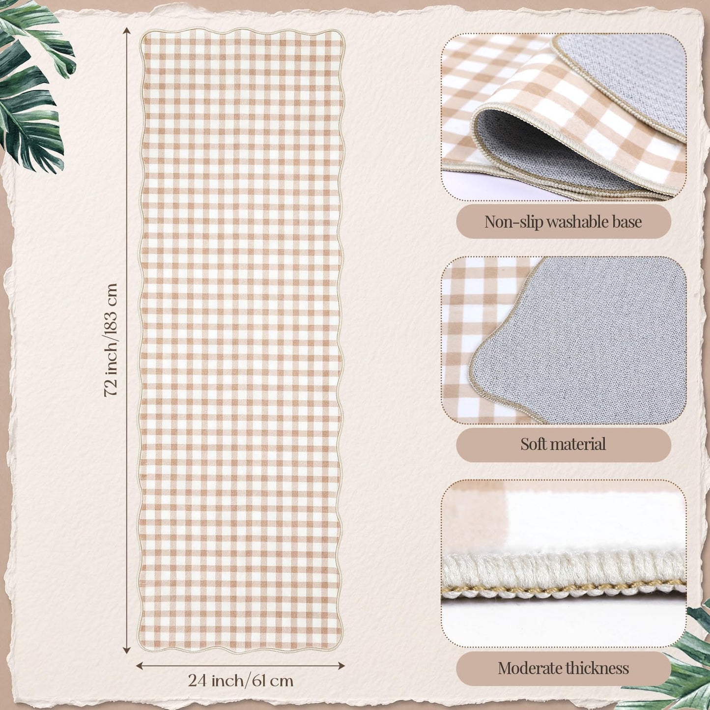 2 x 6 ft Scalloped Gingham Runner Rug - Hallway Washable Runner Rug Non Slip Khaki Gingham Long Laundry Runners with Rubber Backing Low-Pile Stain-Resistant Indoor Carpet, Soft for Entryway Bathroom
