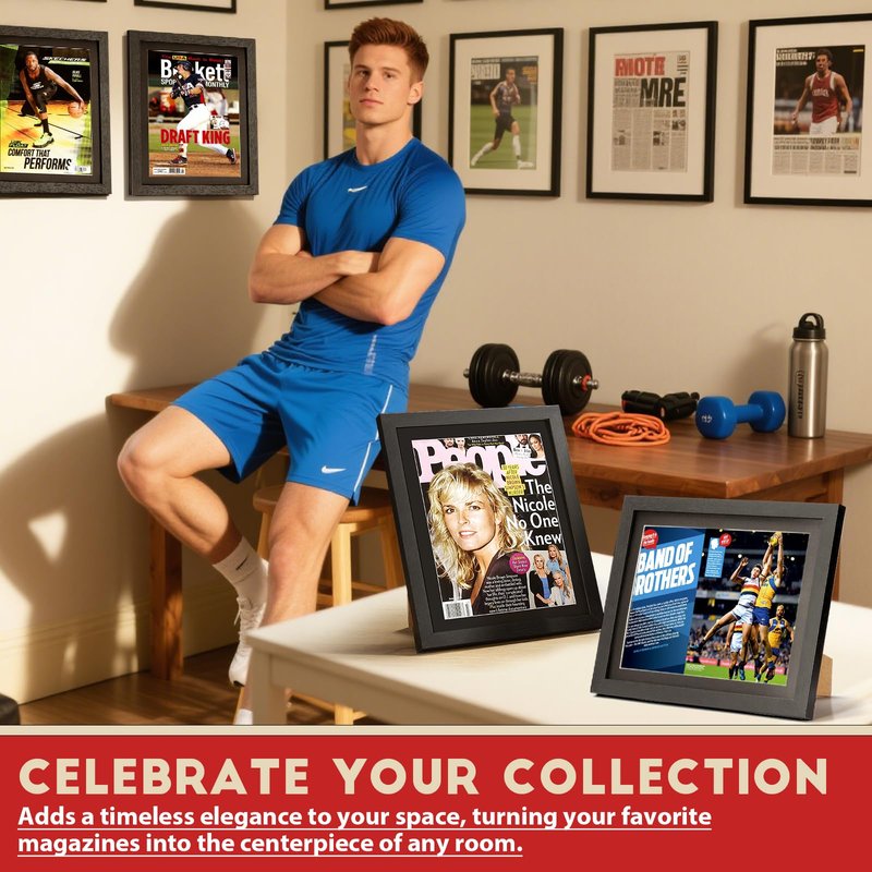 JupDec Sports Magazine Frame 4 Pack, Premium Wood Display Case for 8" x 10.5" Magazines, Wall Mount or Tabletop Stand, Layered Design with Positioning Mat, Perfect for Sports, Fashion & Home Decor