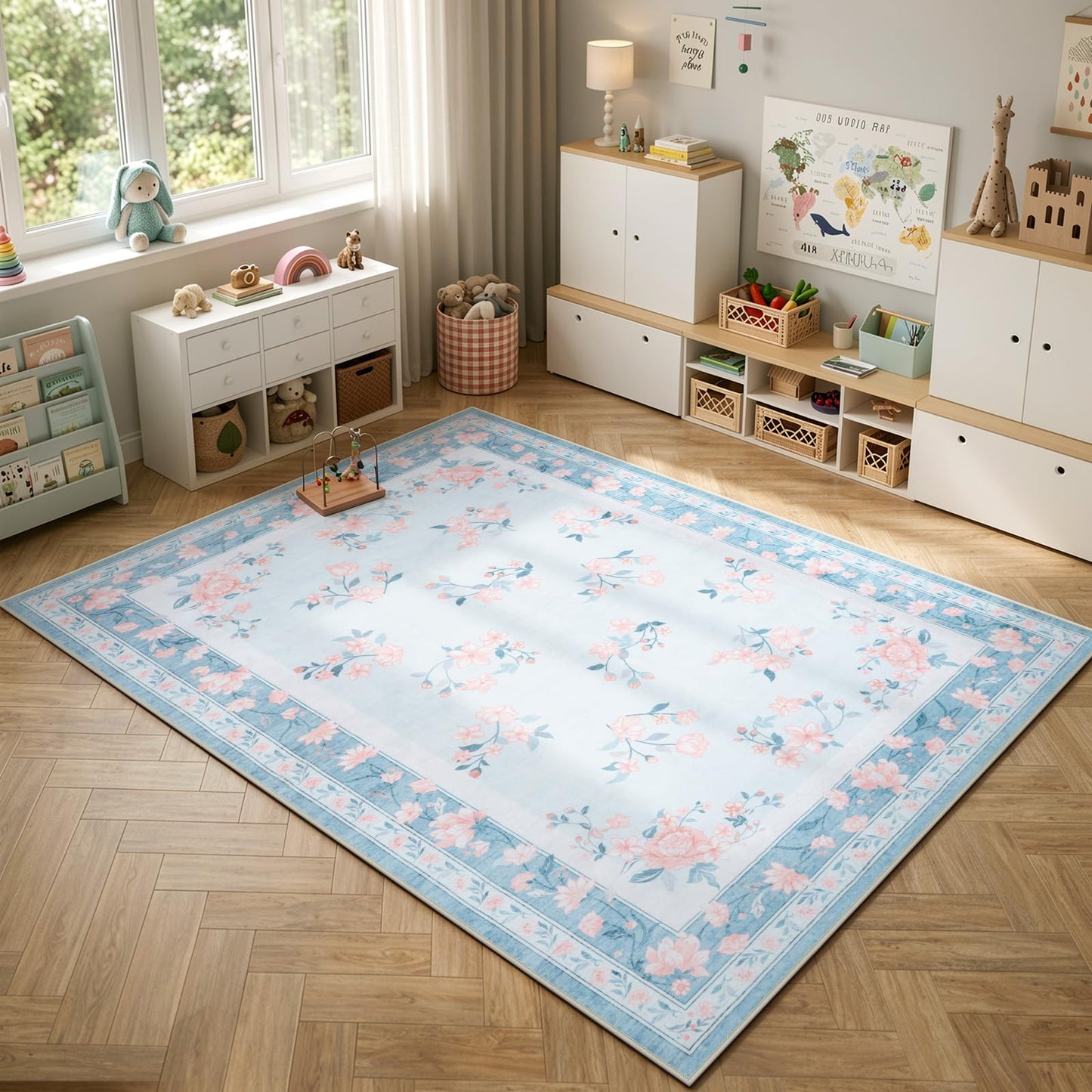 LIVEBOX Washable Area Rug 5x7 - French Country Living Room Rug Non-Slip Nursery Rugs for Boy Girls Bedroom, Soft Carpet Floral Rugs for Play Room Office, Light Blue
