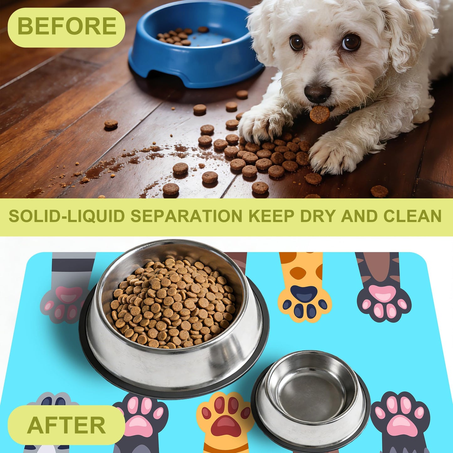 Cat Food Mat Pet Feeding Mat Paw 12" X 20" Non-Slip Super Absorbent, Dog Food Mat Pet Supplies for Floor (Light Blue)