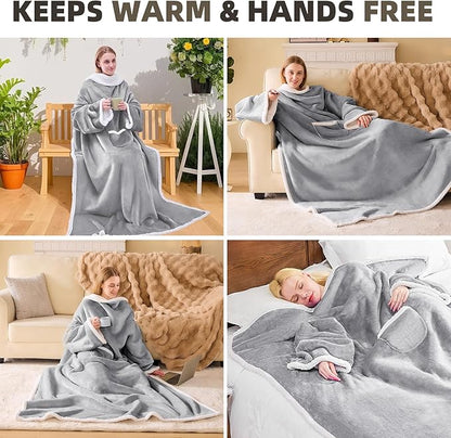 IFNOW Sherpa Wearable Blanket with Sleeves for Women Men Adults, Cozy Wearable Blanket with Arm and Pocket, Warm Full Body TV Wrap Throw Blanket, Soft Robe Blanket as Gifts for Mom Wife, Grey