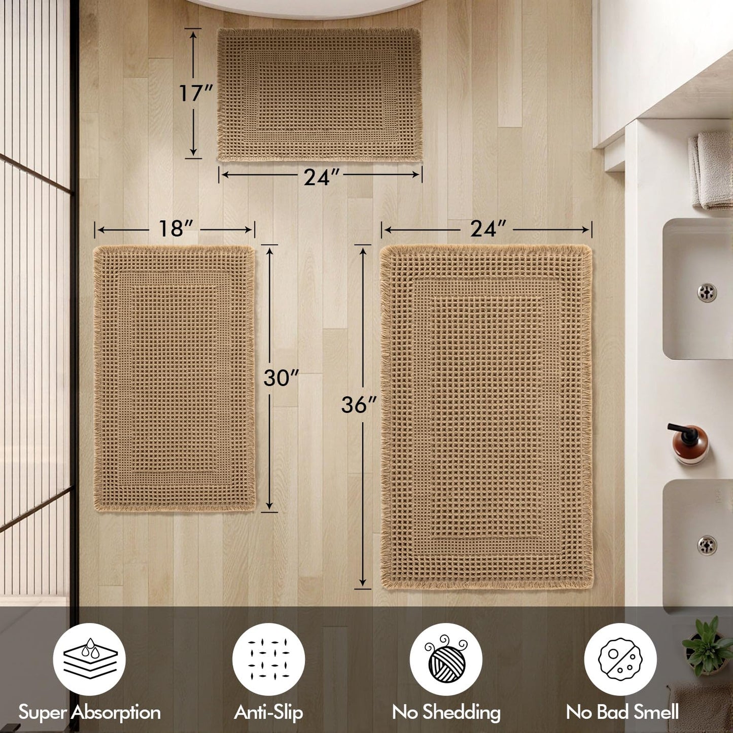 MIULEE Set of 2 Waffle Bathroom Rugs, Boho Bath Rug Super Absorbent, Non Slip Washable Ultra Soft Rubber Backed Shower Bath Mats for Floor, Tub, Shower, Looped Design, Brown, 17"x24"+18"x30"