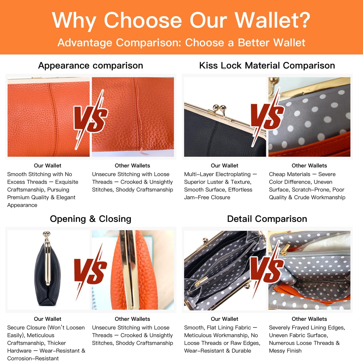 Leather Wallet for Women with Kiss Lock Closure, Multiple Card Slots, Smartphone Holder, 8.07 x 4.72 Inches (Black)