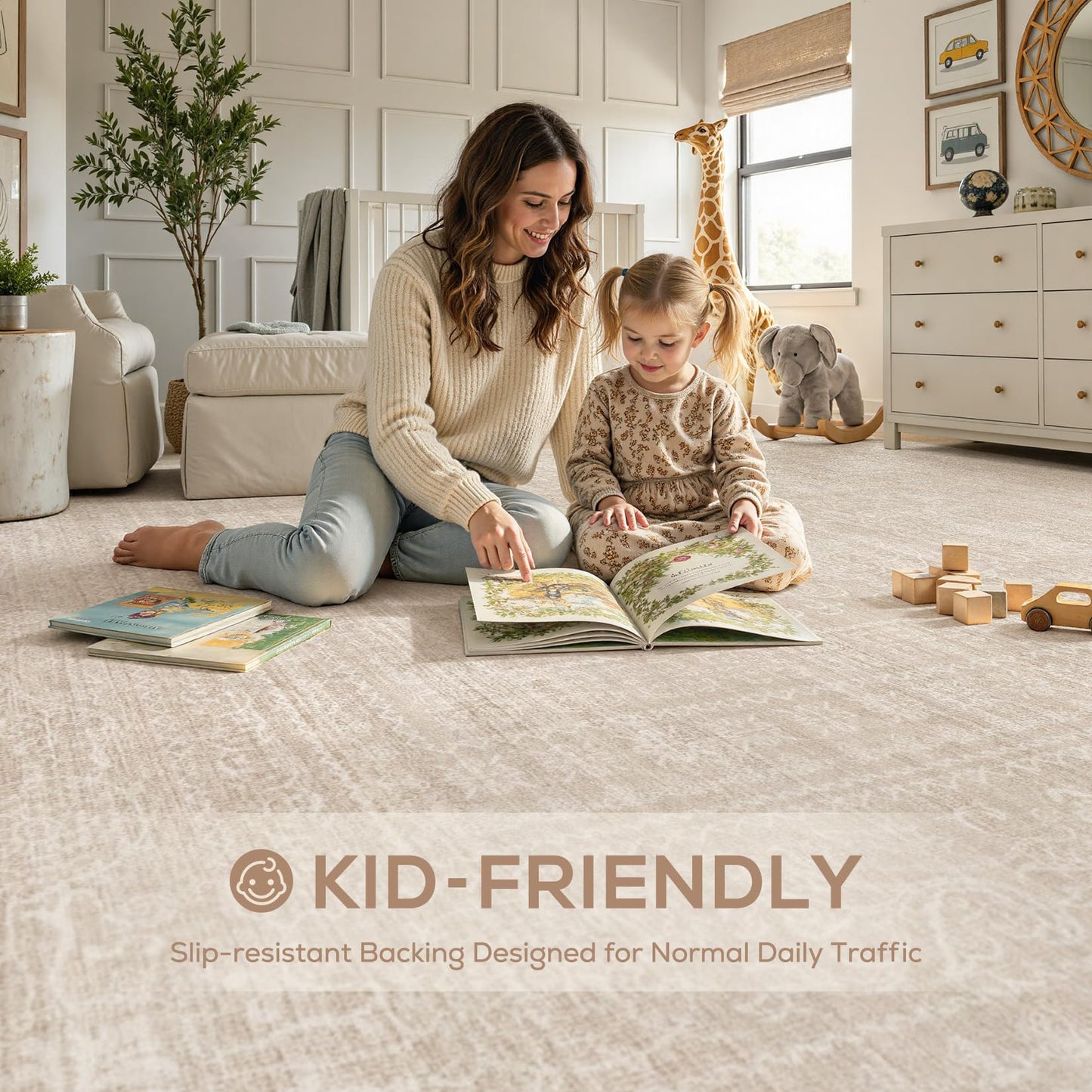 Nakagishi 9x12 Area Rugs Living Room: Washable Large Vintage Rug Neutral Non-Slip Soft Stain Resistant Indoor Carpet for Bedroom Nursery Dining Room Office Playroom - Beige