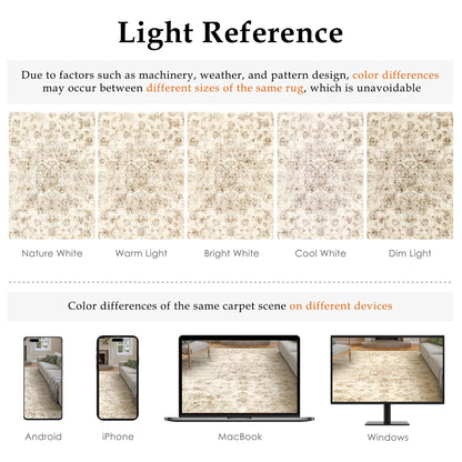 WondRg 10x14 Neutral Area Rug Beige Vintage Living Room Bedroom Washable Carpet Non-Slip Soft Low Pile Farmhouse Indoor Large Throw Rug for Dining Room Office