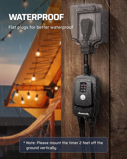 DEWENWILS Light Sensor Timer Waterproof, Plug in Timer Switch, 100 ft Range Remote Control with 2 Grounded Electrical Outlets for Halloween Outdoor String Lights, 15A 1/2HP UL Listed