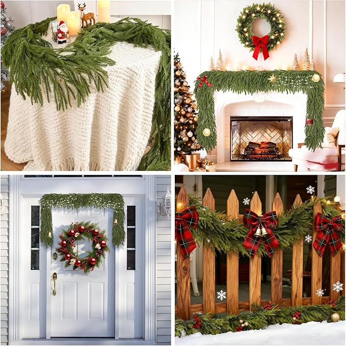 9 Ft 2 Pcs Norfolk Pine Christmas Garland - Artificial Faux Pine Needles Real Touch Winter Garland - Indoor/Outdoor Holiday Greenery Garlands for Fireplace Mantle, Staircase, Window Decor