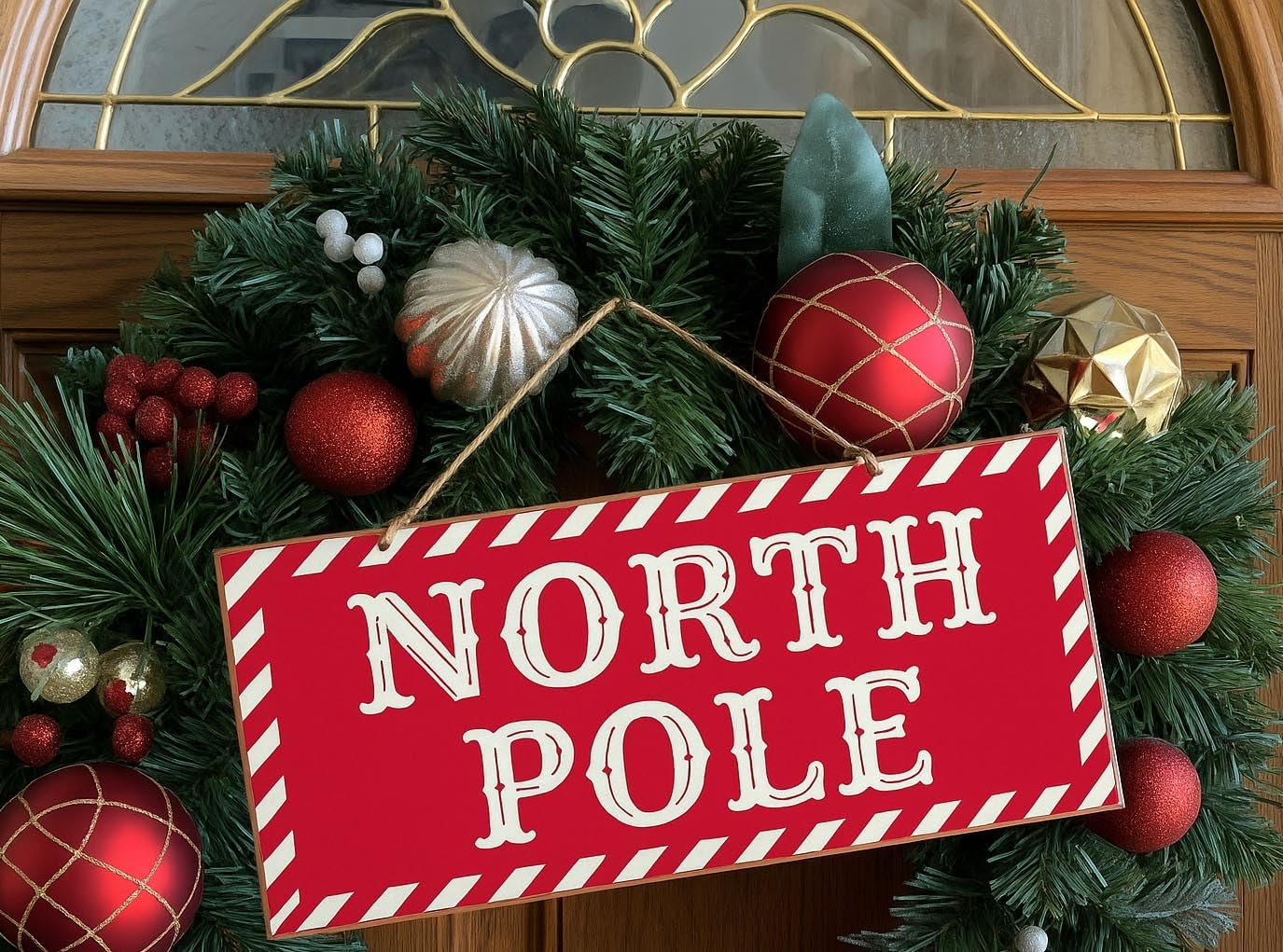 Striped North Pole Christmas Sign - 12.5" x 6", Red, White, Candy Cane Stripes, Wreath, Front Door Decoration, Kitchen, Patio, Yard, Office, Daycare, Christmas Tree Lot