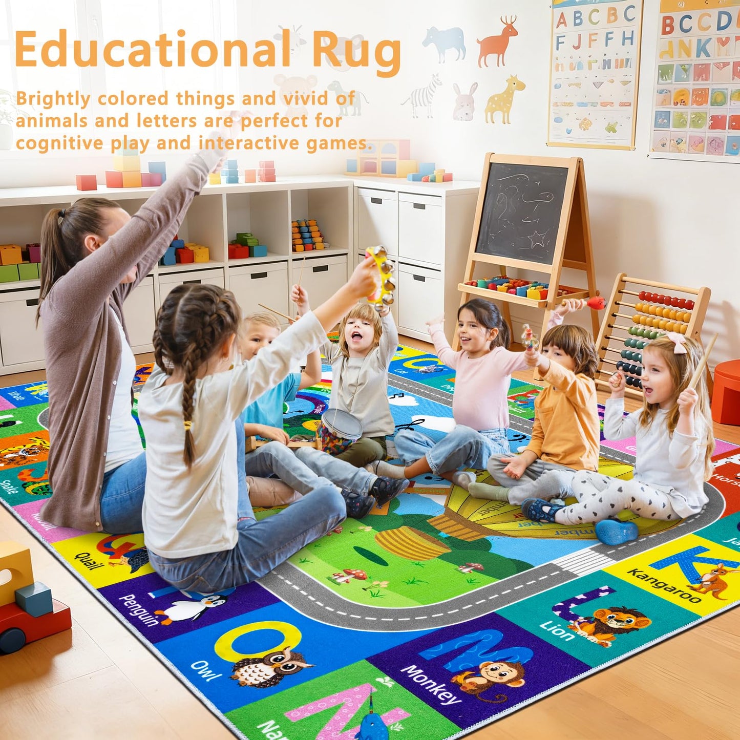 VSIWB Kids Rug for Playroom Educational ABC Rug Washable Play Mat Learning Alphabet Animals Numbers Non-Slip Soft Kids Carpet for Baby Toddler Classroom Nursery Bedroom Decor 5x7