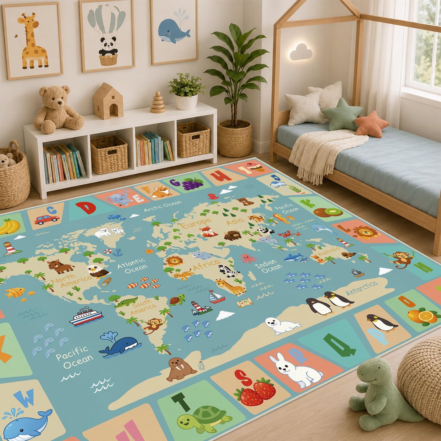 Cryvera ABC Alphabet World Map 5x7 Rug for Classroom Preschool Playroom Kids Learning Play Mat for Toddlers Daycare Educational Nursery Machine Washable Non-Slip Area Rug