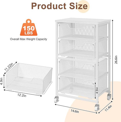 4-Drawer Rolling Storage Cart, Utility Cart with Drawers, White Metal Craft Cart Organizer with Wheels & Wooden Top, Art Supply Storage Organizer for Classroom, Office, Kitchen,Patent Pending