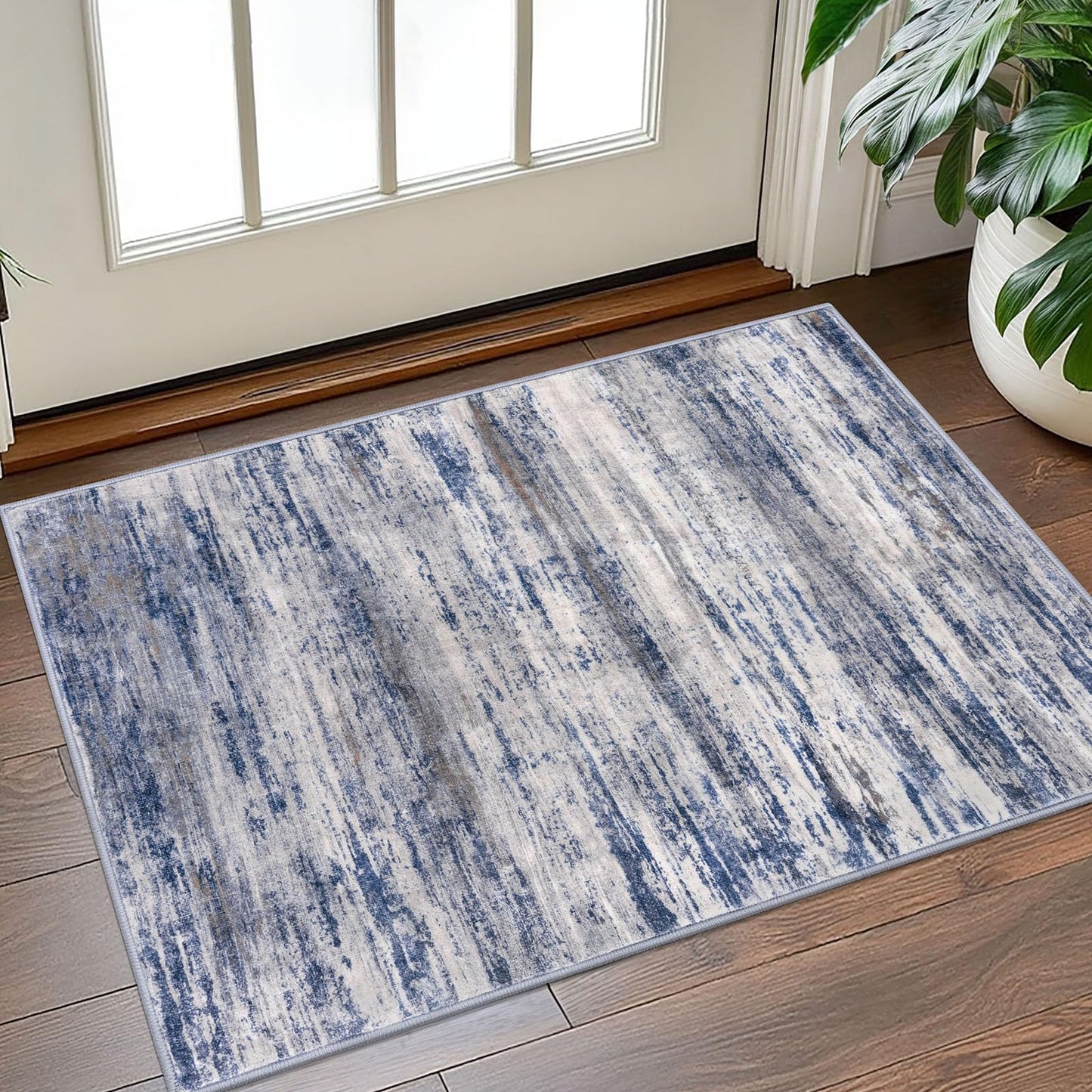 KOZYFLY Modern Abstract Rugs for Entryway 2x3, Washable Kitchen Rug Non-Slip Soft Small Area Rug, Grey-Blue Striped Throw Rugs Faux Wool Doormat for Bedside Entrance Bathroom Sink