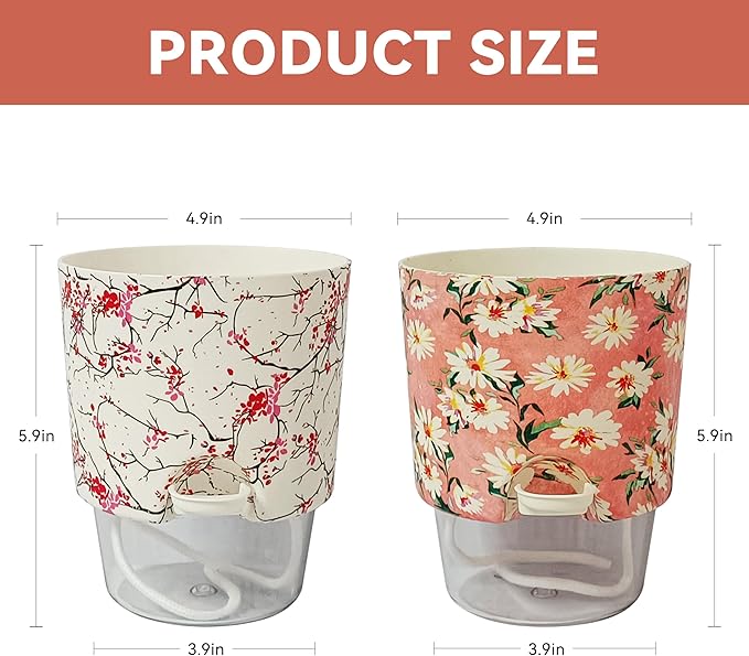 2 pcs Self Watering Plant Pots - 4.8 in Plastic Planter with Drainage Holes, Indoor Outdoor Flower Pots for African Violet, Succulents, Herbs, Cactus, Basil, Flower Printed