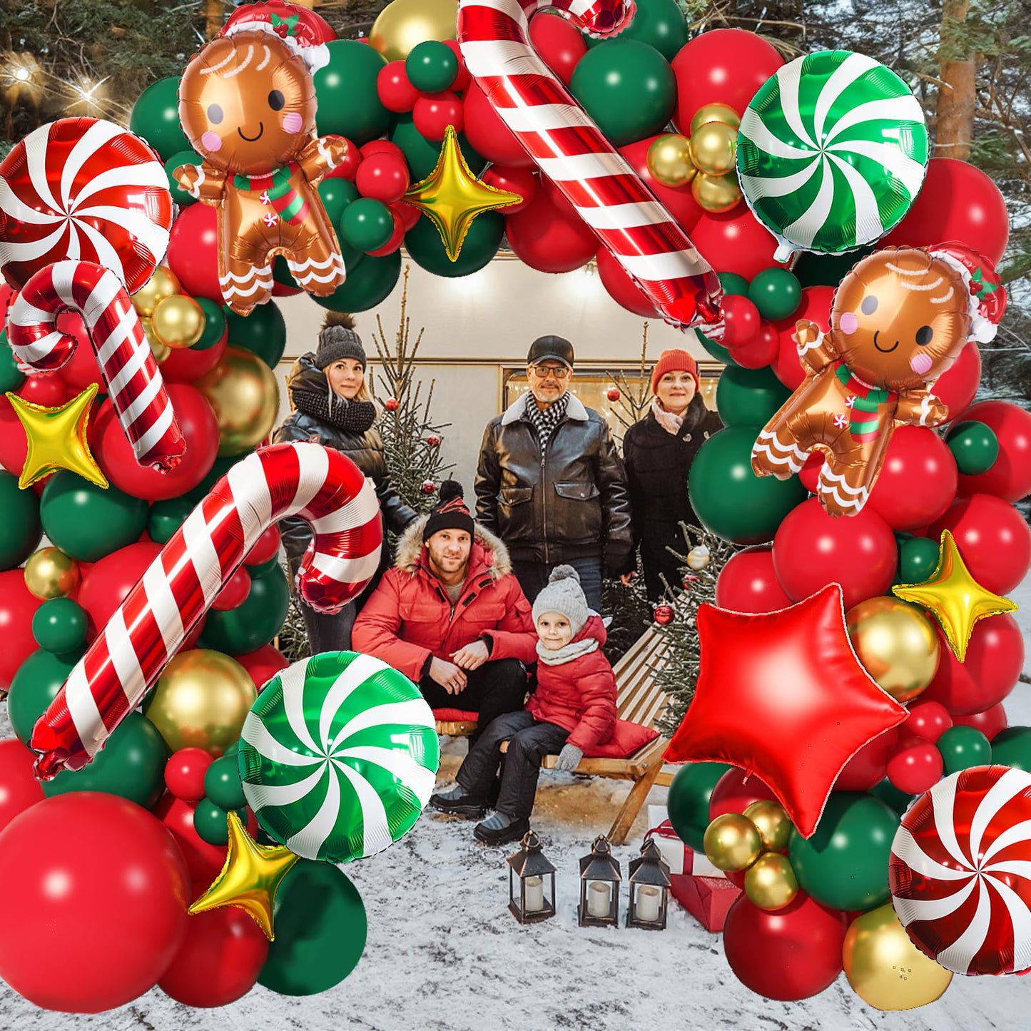 Christmas Balloon Garland Arch Kit Red Green Gold Latex Balloons Large Gingerbread Man Red Green Lollipop Candy Mini Cane Foil Balloons with Four/Five Pointed Star for Xmas New Year Party Decorations