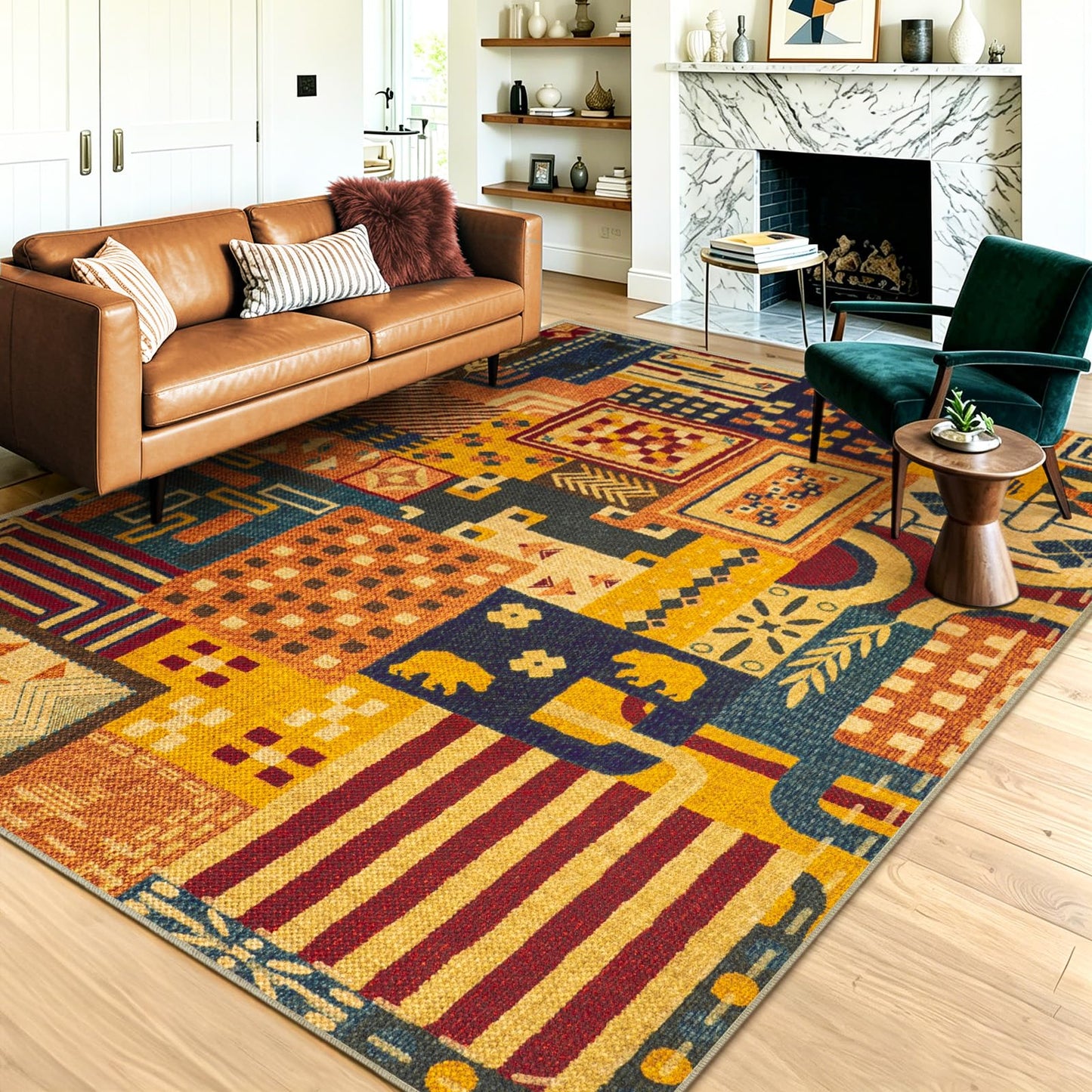 Quntue Washable Boho Easy Jute Area Rug for Living Room, 5x7 Farmhouse Patchwork Patio Rugs, Non Slip Southwestern Tan Indoor Outdoor Carpet for Balcony, Dining, Bedroom, Office, Balcony
