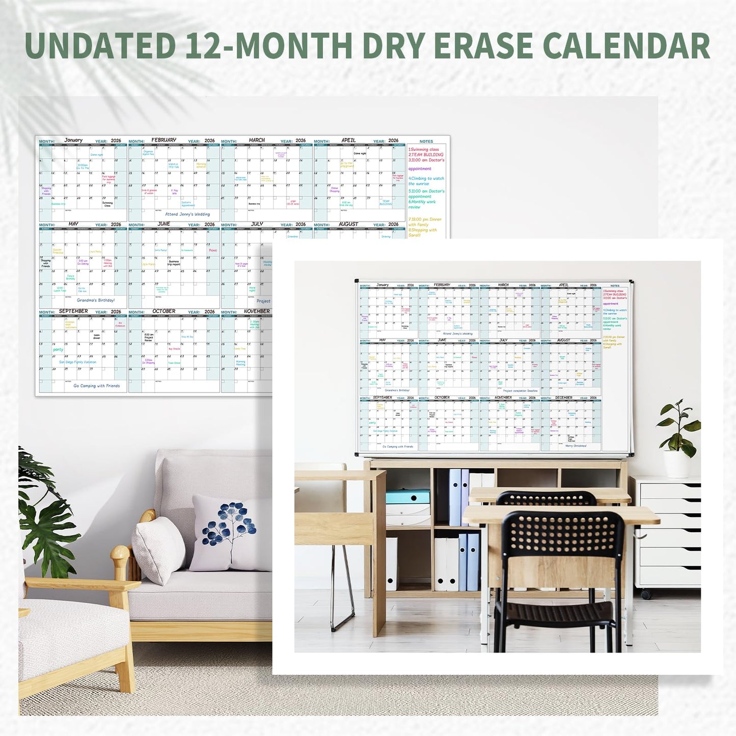 Large Dry Erase Calendar for Wall – Yearly Wall Calendar Dry Erase, 58" x 37", 12-Month Undated Blank Calendar Planner, Reusable Laminated with 15 Round Stickers, Perfect Large Wall Calendar for Office, Home and Classroom