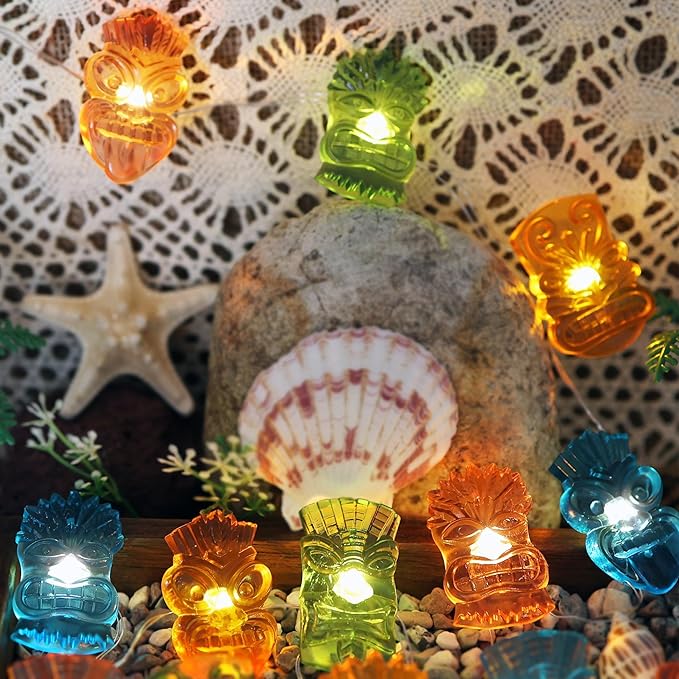 JASHIKA Tiki Mask String Lights USB Powered 20PCS 7FT, Tropical Hawaiian LED Fairy Lights with Remote and Optional Battery Box, Colorful 3D Mask Indoor Bar Dorm Bedroom Wall Shelf Party Decorations